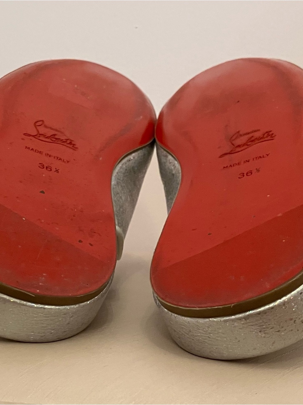 36 1/2 Christian Louboutin Silver Glitter Slip-On Mules with Red Sole - Picture 8 of 13